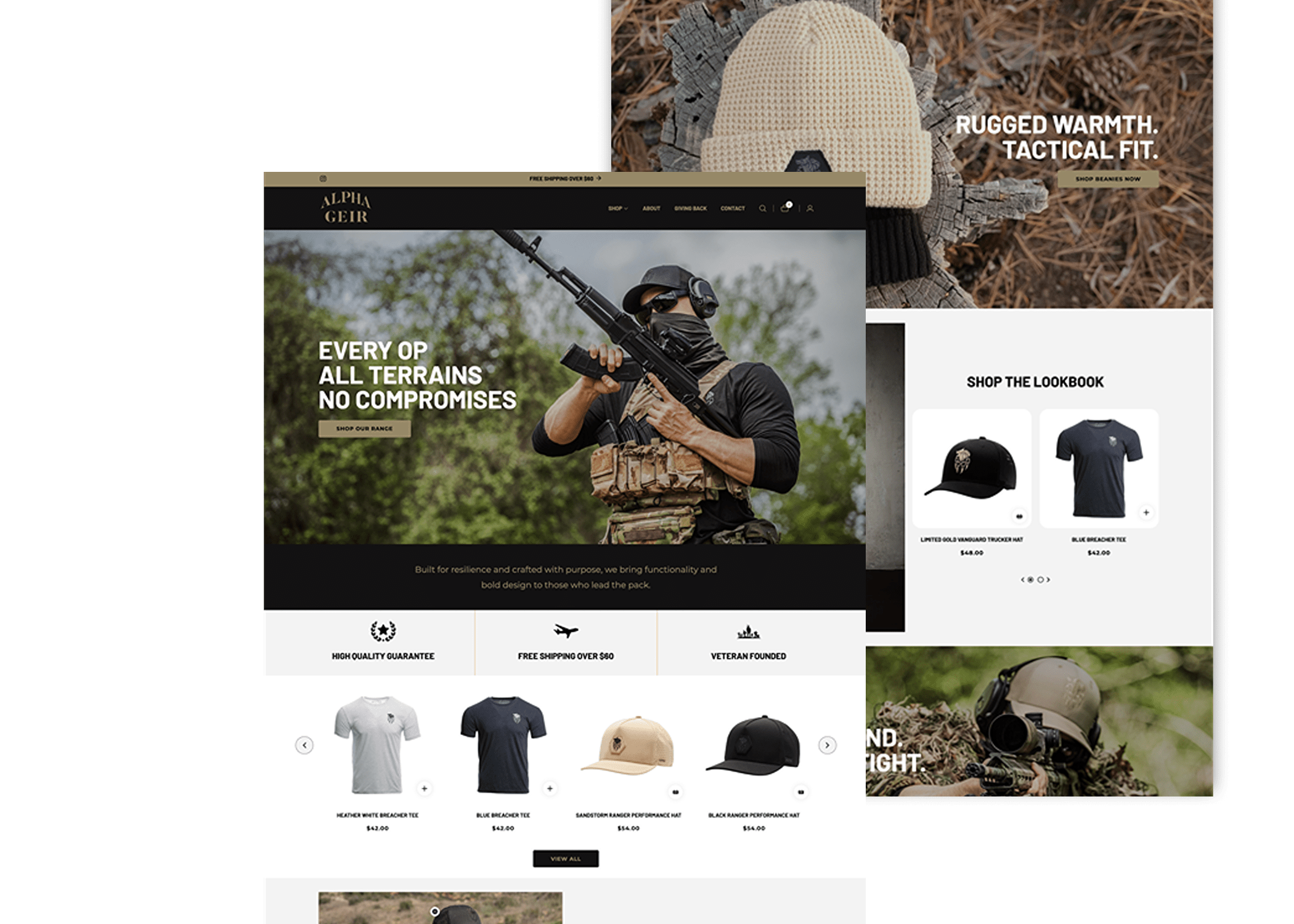 Alpha Geir website mockup – showcasing rugged, high-converting Shopify design for a tactical apparel