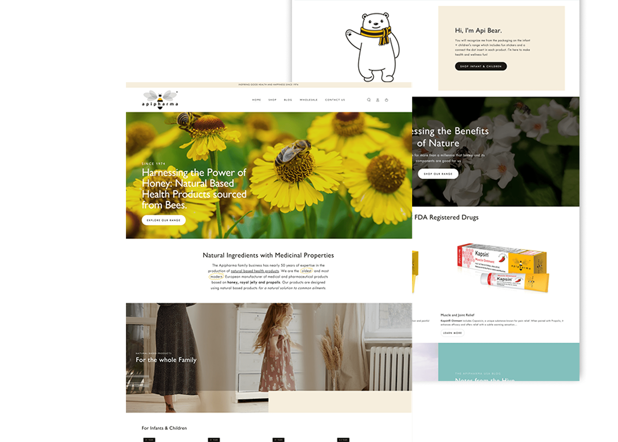 Modern Shopify site for Apipharma's U.S. launch, showcasing honey-based wellness products including propolis sprays, royal jelly supplements, and natural immune boosters.