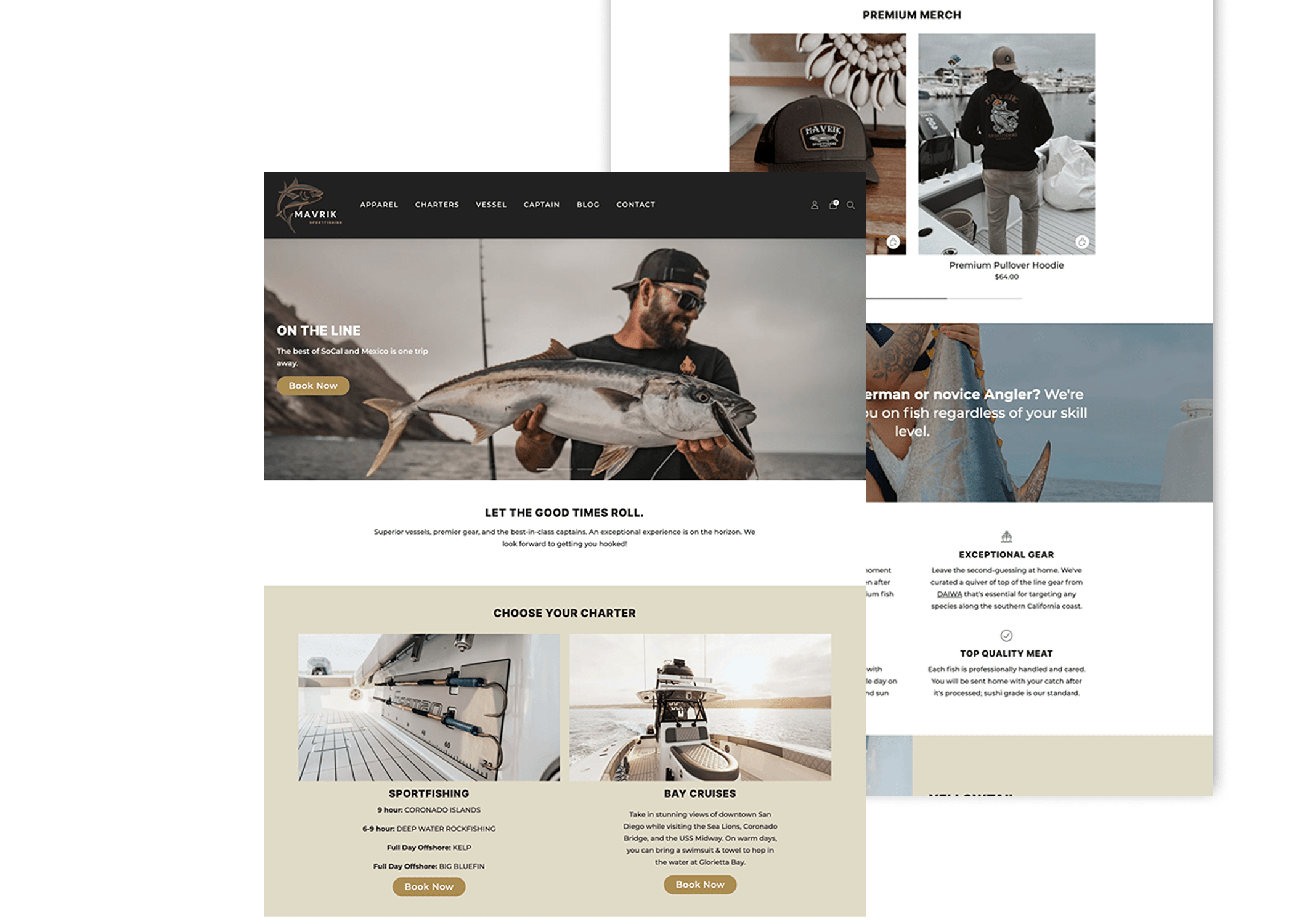 Custom Shopify site for Mavrik Sportfishing, featuring private fishing charters, gear rentals, and booking for deep-sea trips on the California coast in San Diego.