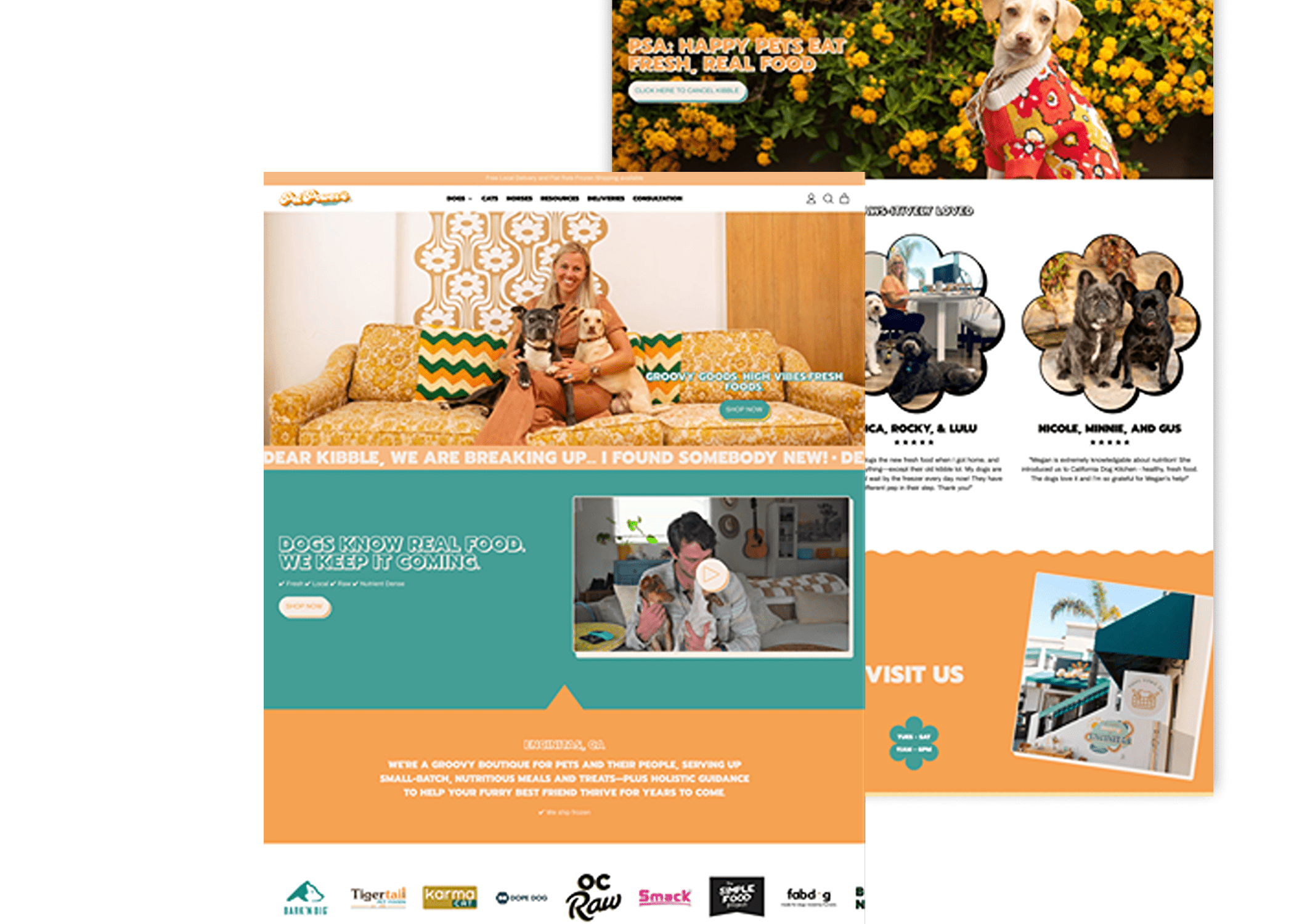 Colorful, user-friendly eCommerce site for Pet Power Studio, a woman-owned pet boutique in Encinitas, California featuring sustainable dog apparel, accessories, and toys.