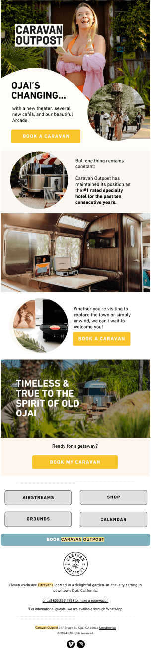 Email newsletter design for Caravan Outpost by RachelMidori.com, a boutique hotel in Ojai, California—featuring glamping-inspired travel content, curated guest experiences, and strategic email marketing for lifestyle and hospitality brands.