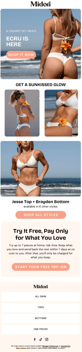 Email newsletter design for Midori Bikinis by RachelMidori.com, featuring sustainable swimwear, Brazilian-style bikini marketing, and high-converting email campaigns for women’s beachwear brands.