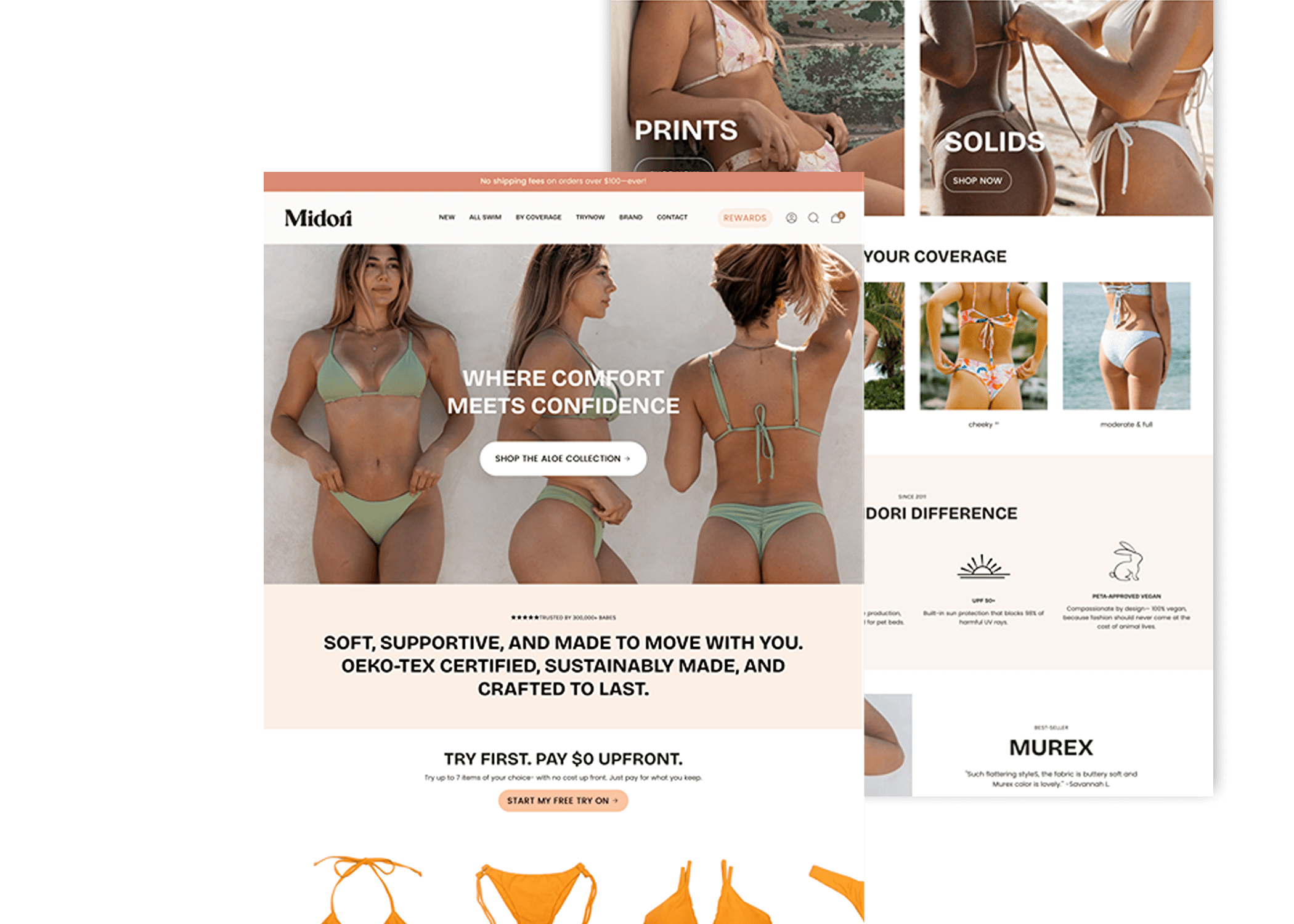 Shopify website for Midori Bikinis, an eco-friendly women’s swimwear brand based in California, featuring size-inclusive, Brazilian-cut bikinis designed for surfing and active lifestyles.